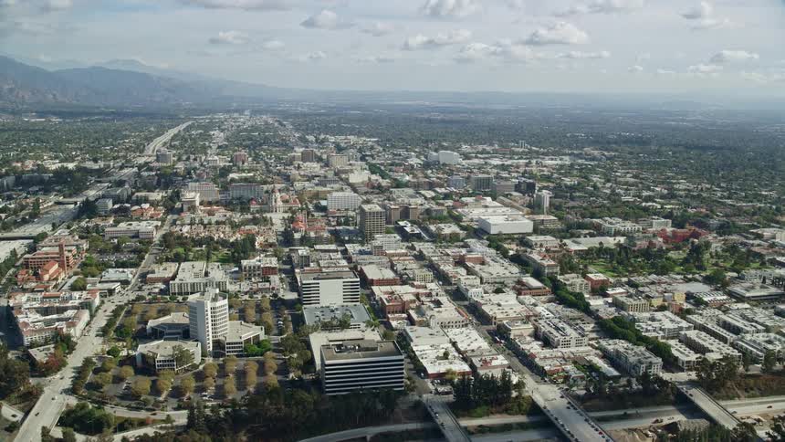 Flyover of Old Pasadenas office and retail areas showcasing the bustling industry and retail sector in sunny Southern California