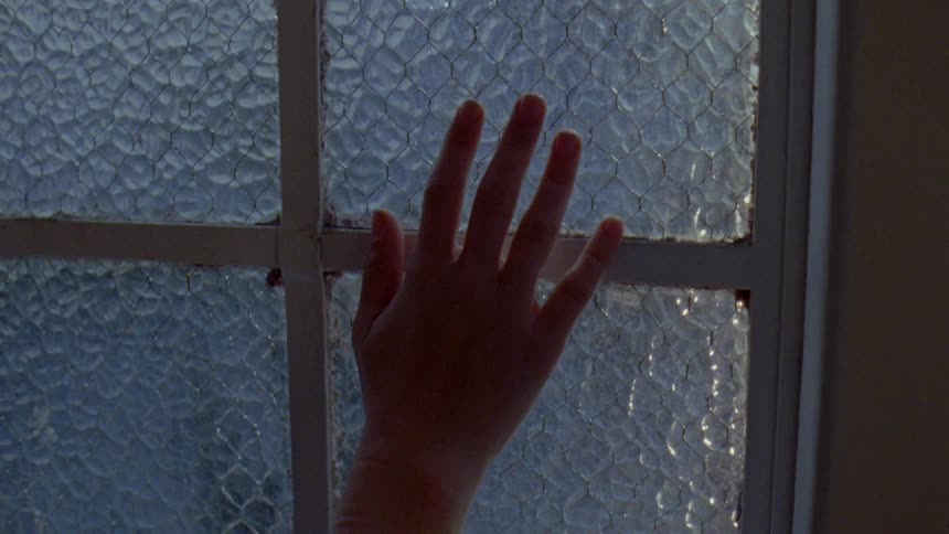 A persons hand pressing against a window slowly sliding down it