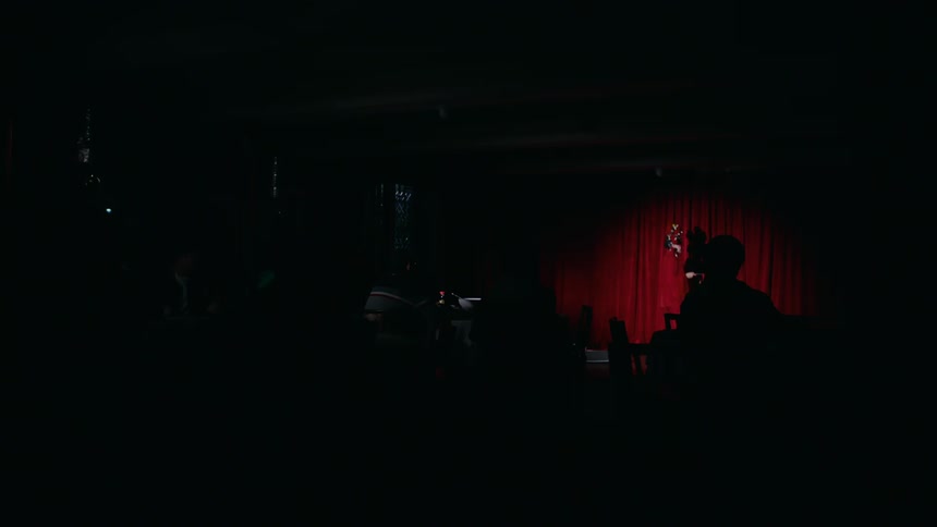 Woman performs in elaborate costume on stage in dark theater