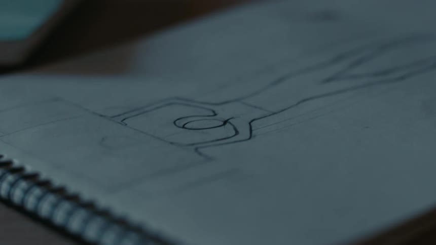 Spiral bound notepad shows sketch of ahumanoid figure