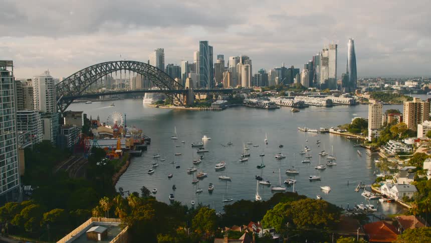 Aerial view of a downtown city near a body of water