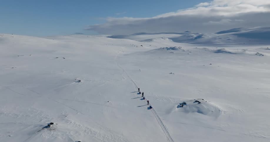 A group of people pull sleds across a field in the arctic in single file during the day