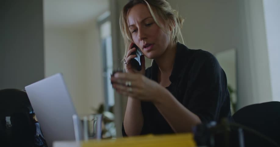 A woman is sitting in front of a laptop computer holding wheel gears as she talks on the phone