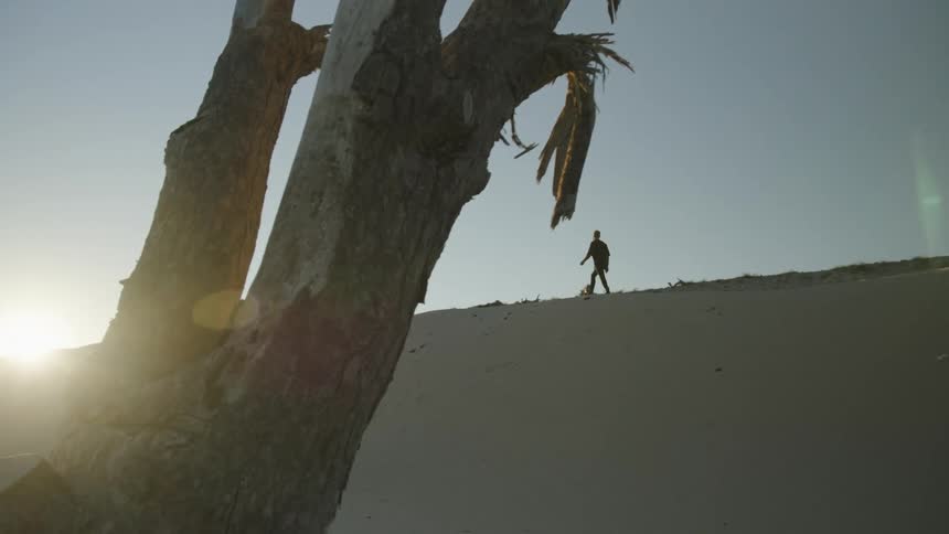 Silhouette of a man walking over the ridge of a dune at sunset