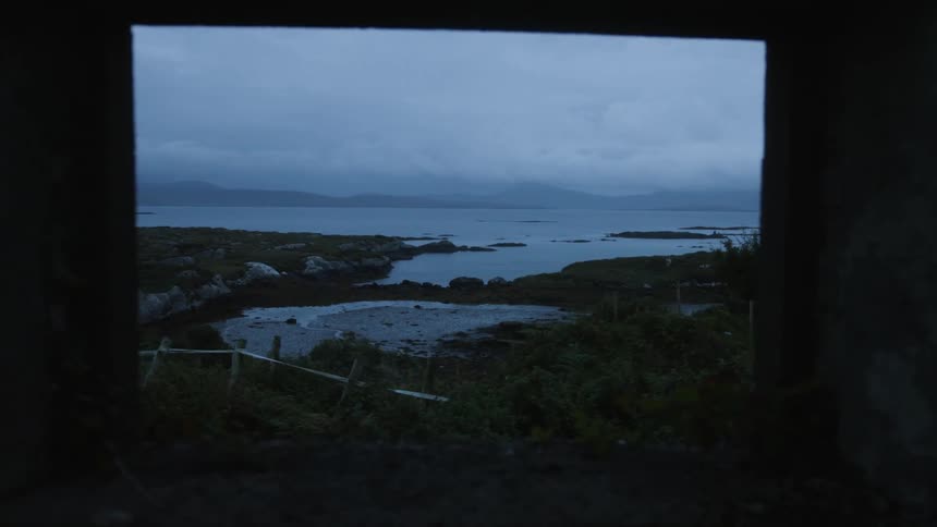 Ocean coastline with grass and vegetation and mountains in the distance