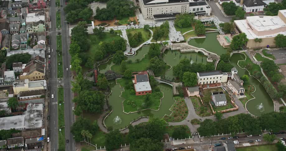 An aerial view of New Orleans Jazz National Historical Park in Treme Louisiana during a partly cloudy day