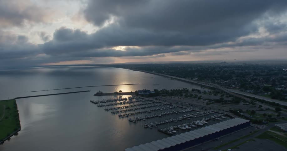An aerial view of Lake Pontchartrain and a marina at sunrise in New Orleans Louisiana