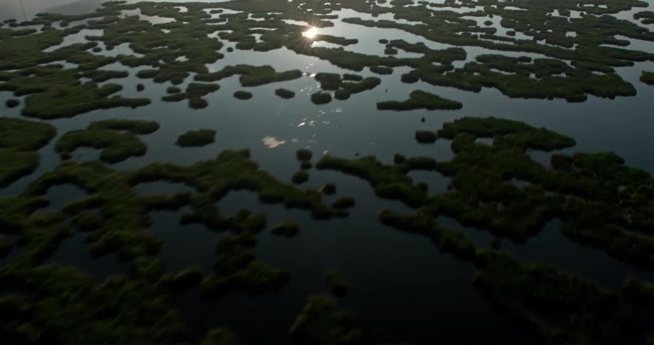 A stunning 4K aerial footage of a lake and wetlands at sunrise flying towards marshland in St Bernard Parish Louisiana