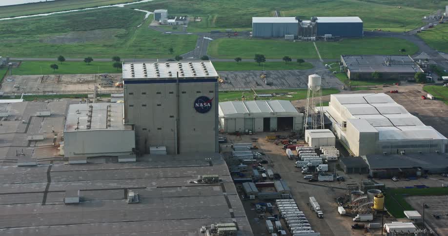 An aerial view of NASA Logo on a factory building during sunrise located in New Orleans East Louisiana