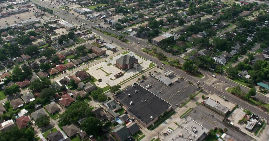 A stunning 4K flyover of Metairie Louisianas suburban residential neighborhoods on a cloudy day