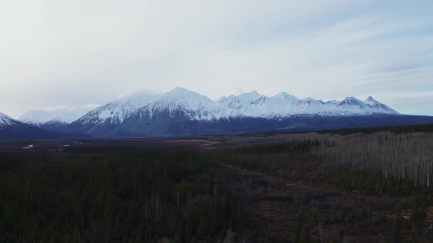 Aerial view of distant snow covered peaks on a mountain range close to the forest