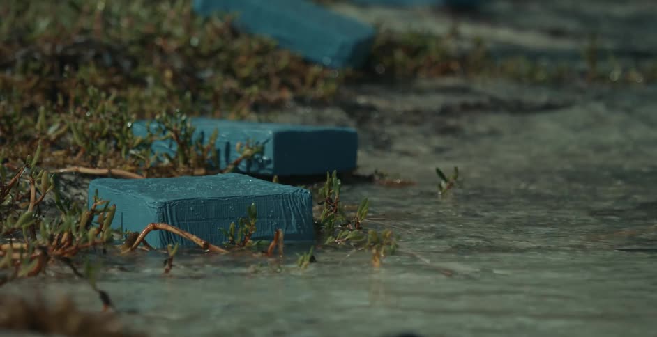 Blue boxes floating in water moving up and down with the waves