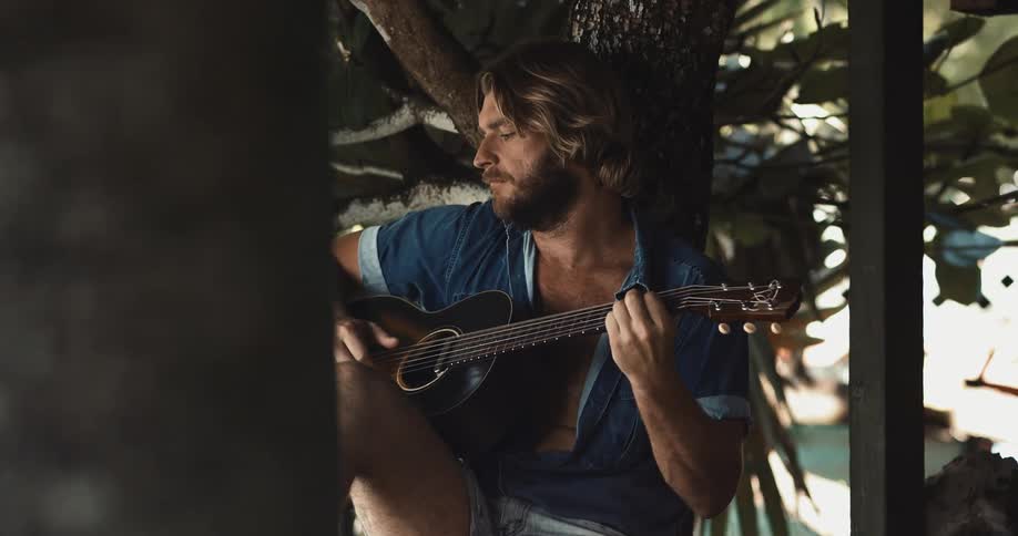 Man sits against tree playing a guitar
