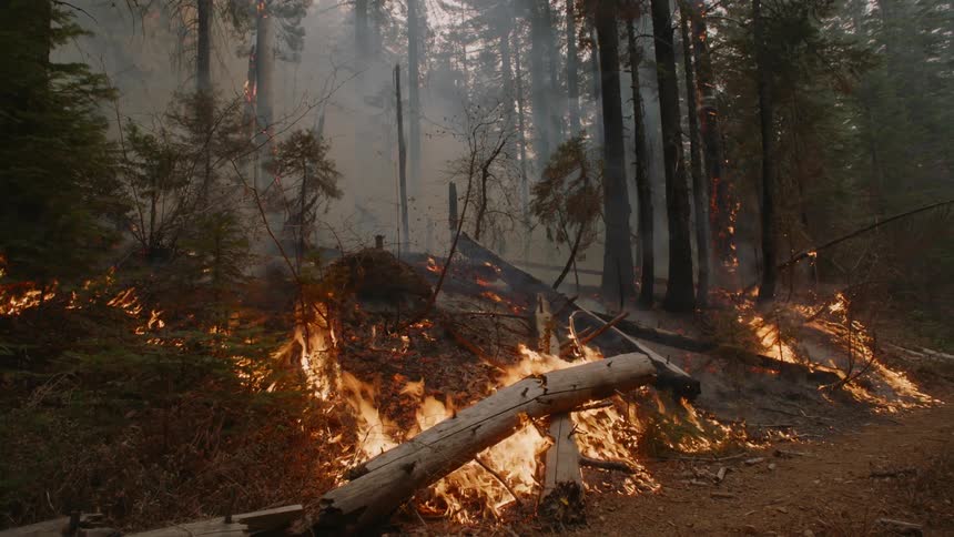 Flames and embers rise in the smoke as trees burn and the forest fire spreads