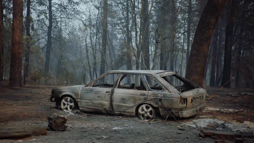 A burned out automobile sits among debris in the woods as smoke fills the air