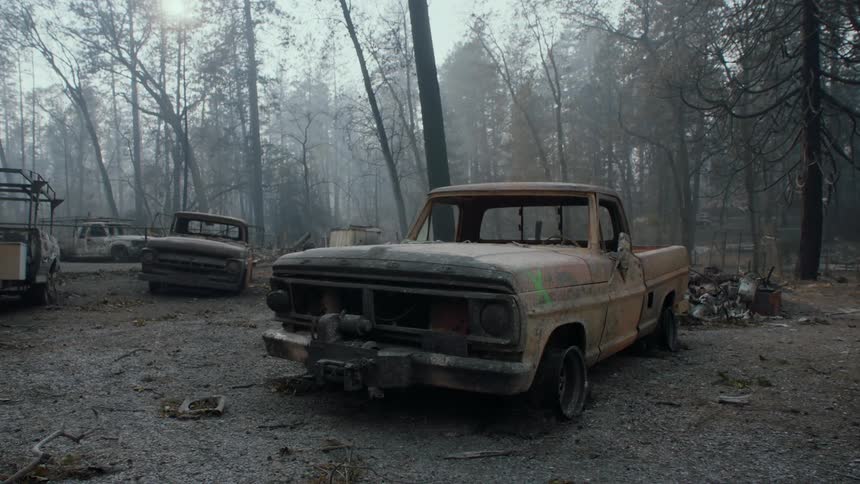 The forest and vehicles are burned
