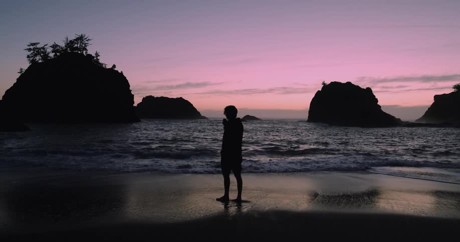 A silhouette of a person as they stand on the beach as waves crash onto the sand then they turn and run