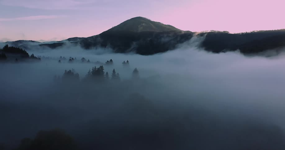Dense fog covers forest valley under mountain that contrasts against red sky