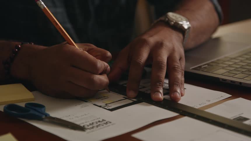 A man is working on a floor plan and writing something on it