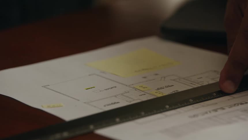 Man uses a ruler to make measurements over a small blueprint while using a yellow highlighter