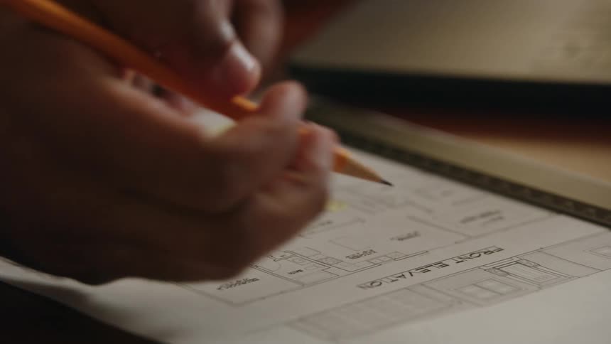 A man is sitting at a table with a pencil in his hand as he goes over floor plans and writes