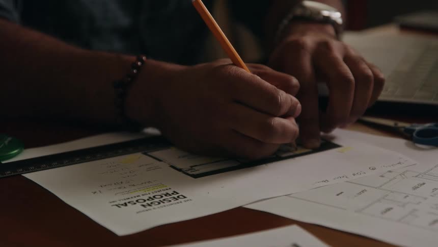 Man writes on floor plan while consulting laptop in office