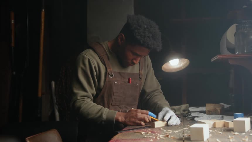 A young black man is building something inside of his home