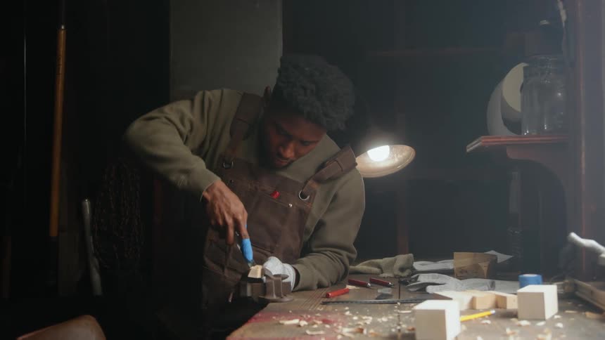 A man standing at a work bench using a tool to carve wood that is clamped