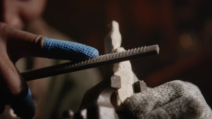 A man is making an object from a piece of wood and he is shaping it with a file