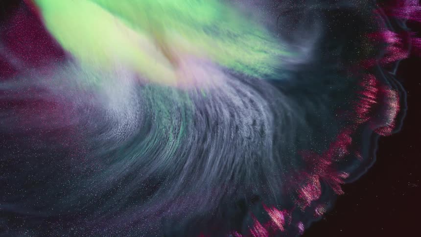 An organic blob with a neon core moves across the surface and fibers spread over the glittering darkness
