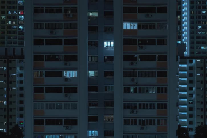 The lights shut off in the building at night
