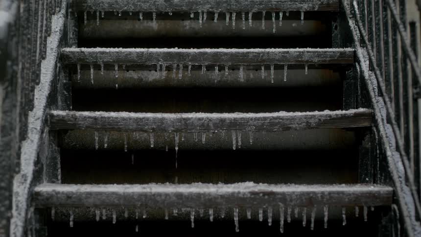 It is raining on the frozen staircase