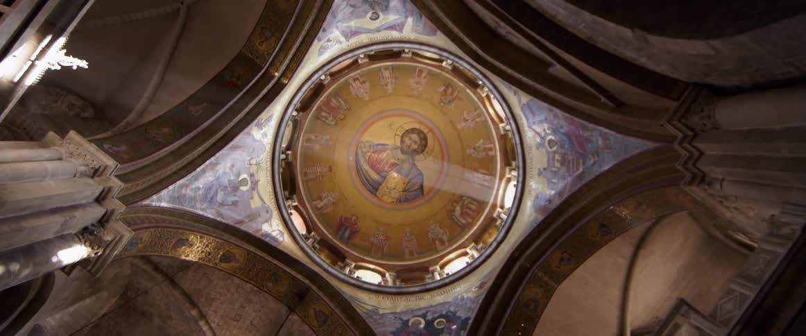 The ceiling of the church has artwork on it