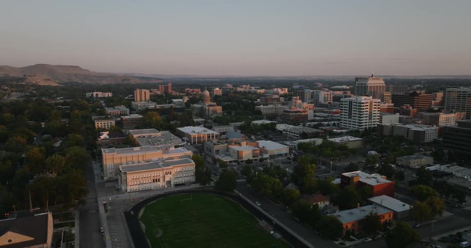 An aerial view of towers in a city