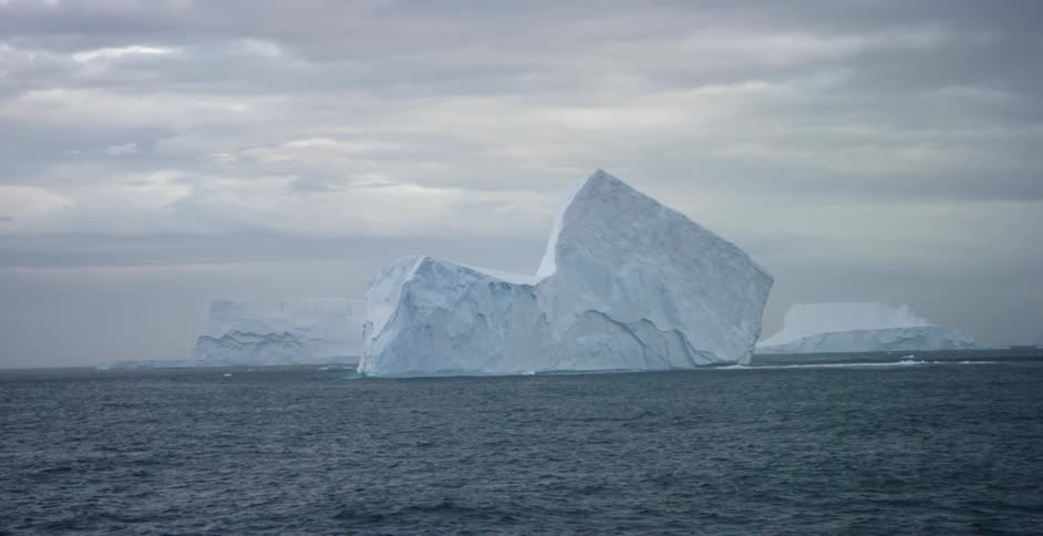 Icebergs float in the ocean beneath a cloudy grey sky
