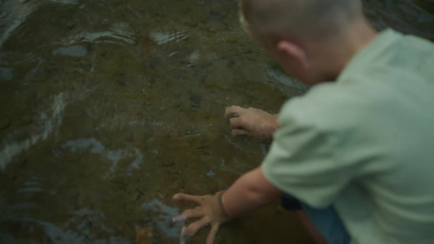 A young boy knelt down playing in shallow water with rocks