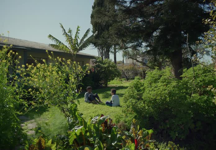 Two boys chat while sitting outside on the lawn
