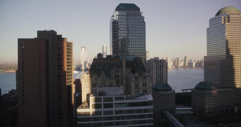 Tall buildings and skyscrapers on the skyline of new york city at morning