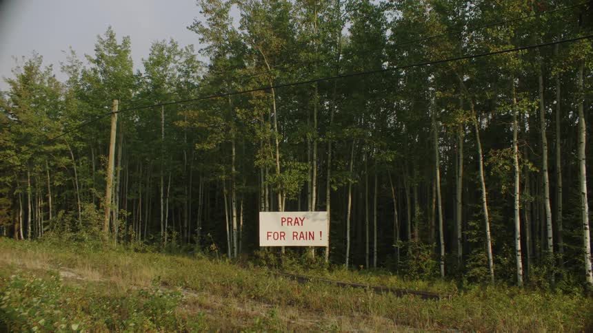 Sign posted between dirt track and woods suggests praying for rain