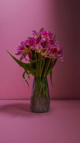 Time lapse bouquet of tulips in vase blooming and dying