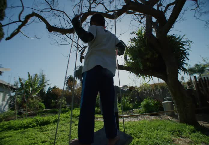 Two brothers playing outdoors on a swing