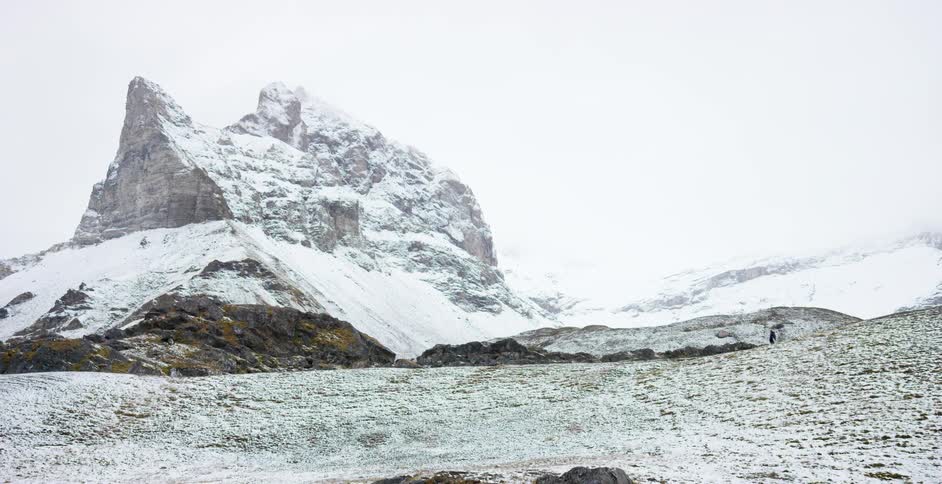 Snow capped hills on a cloudy day