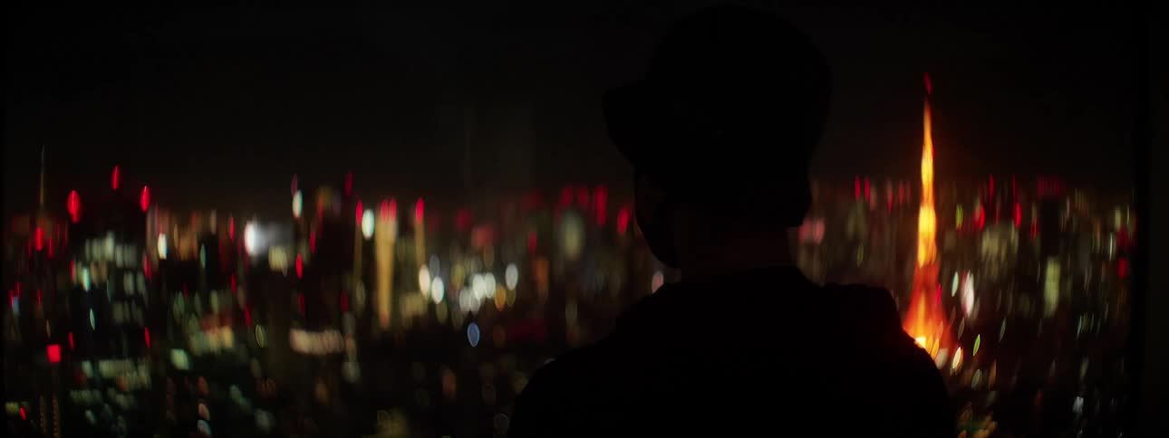 Man watching the distant city is silhouetted against the illuminated buildings at night