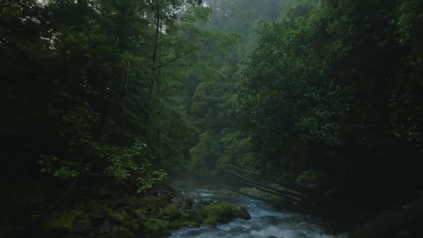 A river flowing through the dense vegetation of a forest in the mountains under the morning mist