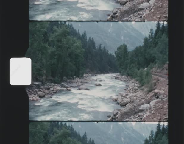 Water flows in a stream through the forest with rocks along the banks and mountains in the distance