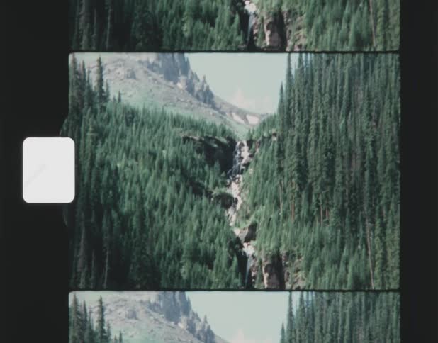 A cascading waterfall flows down a mountainside lined with trees