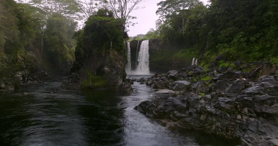 A river flowing from a waterfall that is cascading over a cliff into a pool of water