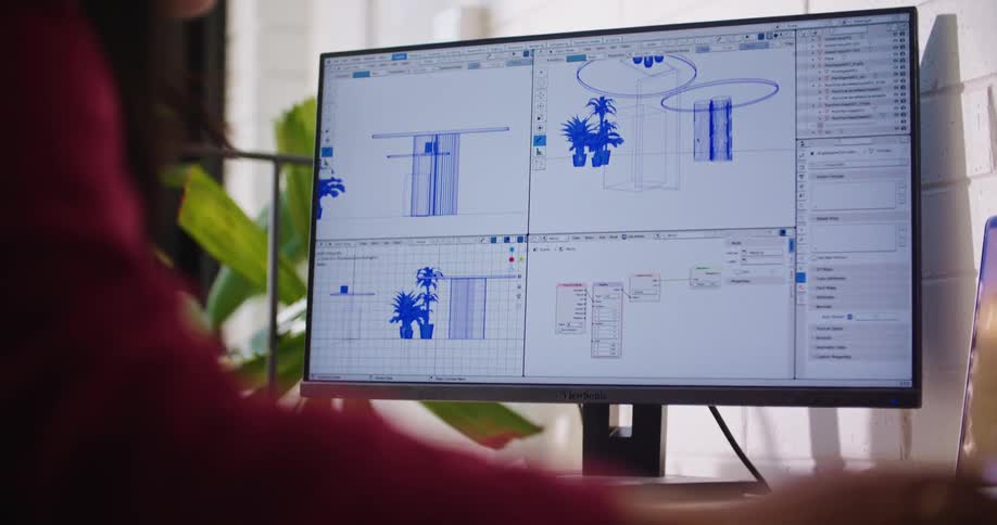 Woman works at desk manipulating views of images on computer screen