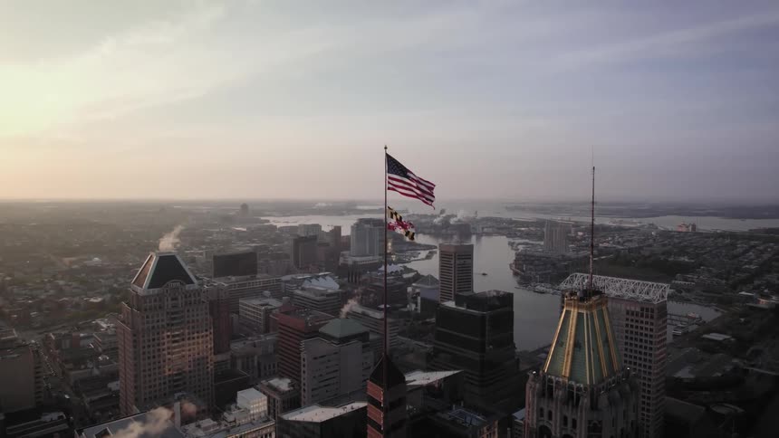 An aerial view of buildings outdoors downtown Baltimore