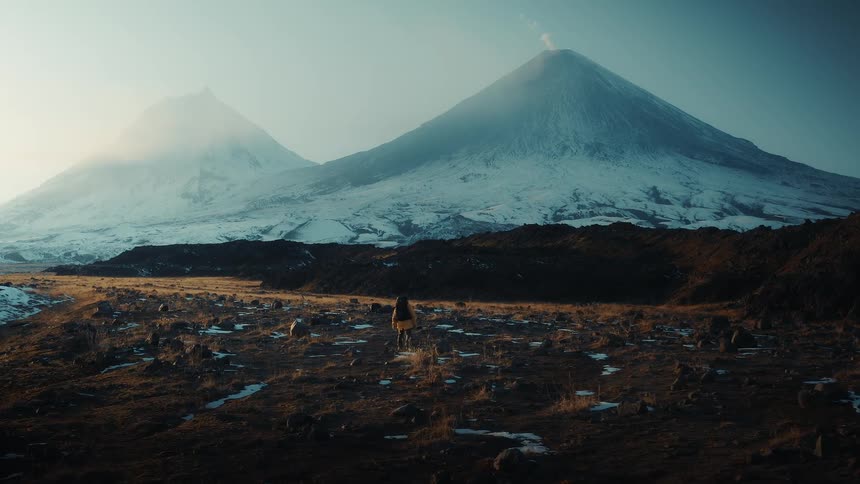 A person is hiking along the mountain side during dusk